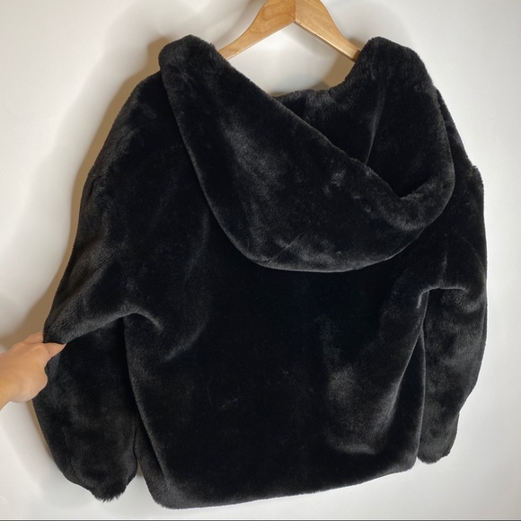 Zara Black Faux Fur Hooded Coat Jacket S - Picture 3 of 11